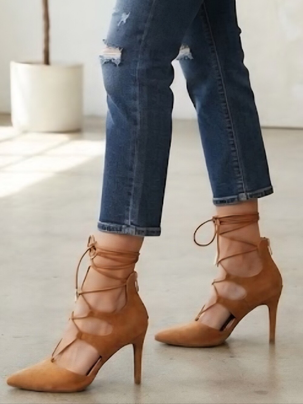 Marc Fisher Ticket Faux Suede Cutout Lace Up Caged Stiletto Pumps Camel 10 NWOB